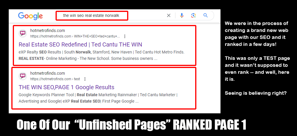 Ranking on Google Page 1 in 5 Days Norwalk CT| Ted Cantu THE WIN SEO | Hot Metro Finds Metro Detroit | Search Engine Optimization Norwalk, CT | Online Marketing For Real Estate Stamford, CT | Ted Cantu Fairfield County, SEO |page 1 Google Results - Top 10 South Norwalk